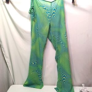 Revolve Lovewave green psychedelic boho pants wrap around tie size large NWT
